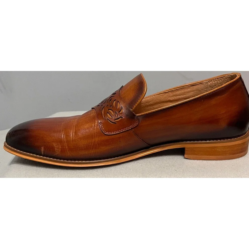 Steven Land Mens Burnished Tan Leather Laser Cut Filigree Loafers Sz 9.5 M Brown